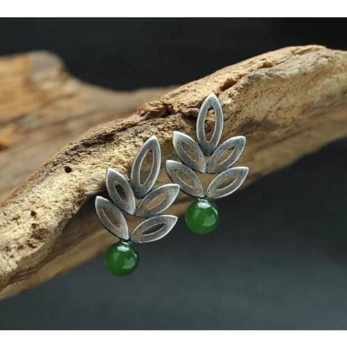 Lovely Hollow Out Leaves Dark Green Beads Earring Chic Jewelry Silver Color Metal Cluster Tree Leaf Stud Earrings