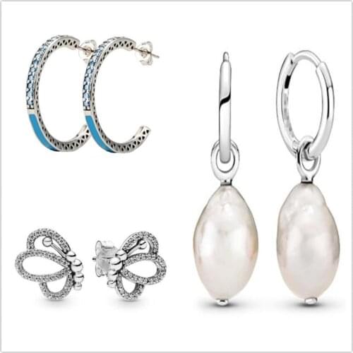 Authentic 925 Sterling Silver Freshwater Cultured Baroque Pearl Hoop Pandora Earrings For Women Wedding Gift