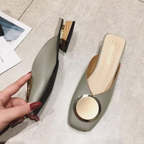 ZAR Women Flat Sandals Summer 2021 Luxury Brand Shoes Metal Button Sexy Square Head Womens Low-Heeled Slippers Chaussure Femme