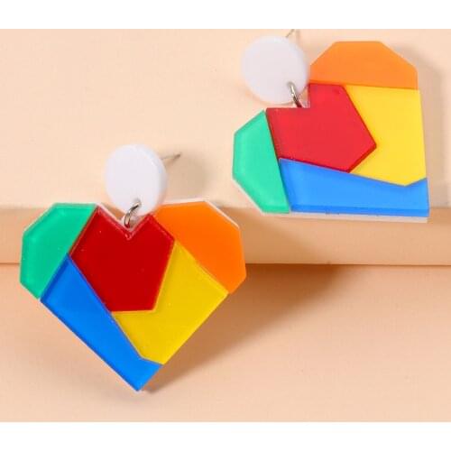 New Tangram Rainbow Heart Earring Women Za Resin Lovely Trendy Boho Statement Hanging Drop Big Earrings Wholesale Pendientes