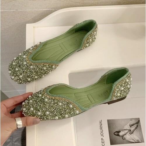 Womens Shallow Mouth Flat Shoes 2021 Spring New Style Rhinestone Bow Square Toe Soft Sole Casual Shoes