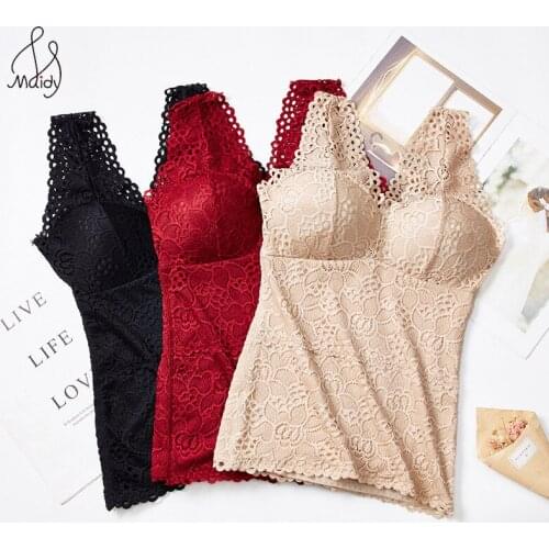 Maidy Big Size Women Lace Thermal Underwear Vest Cotton With Chest Pad Winter Warm Thickened Plush Tank Deep V-Neck Sleeveless