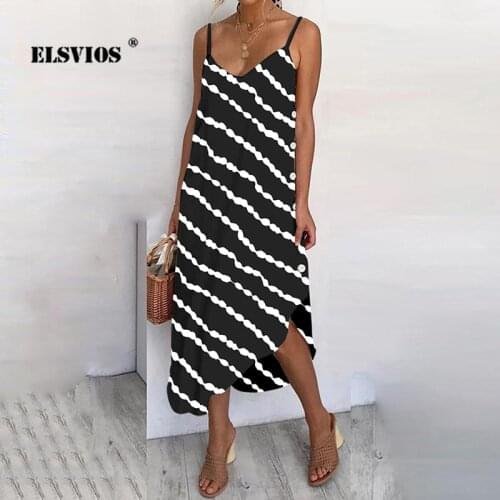 Summer Women New Sexy Elegant V Neck Sleevelss Sling Stripe Print Dress Casual Irregular Buttons Slim Streetwear Fashion Dresses
