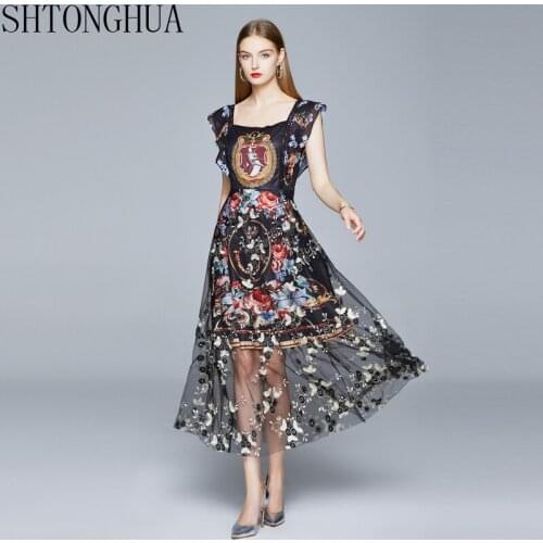 Elegant Flower Print Mesh Embroidery Patchwork Party Dress 2020 Summer Butterfly Sleeve Long Dress Vintage Chic A-Line Dresses