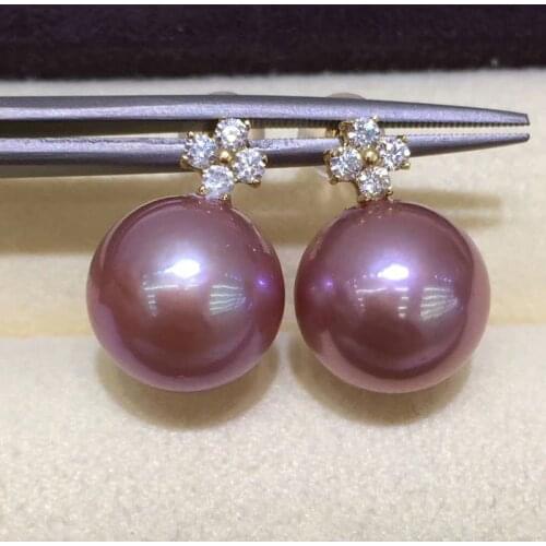 Sinya 18k au750 gold stud earring with 11-12mm high luster purple edison pearls for Women Lover ladies very special earring