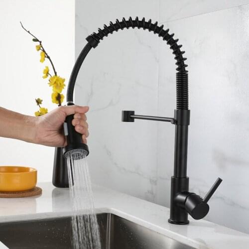 1pcs Matte Black Hot and Cold Kitchen Faucet Spring Pull Down Kitchen Sink Faucets Deck Mounted Pull-out Mixer Crane Dual Spout