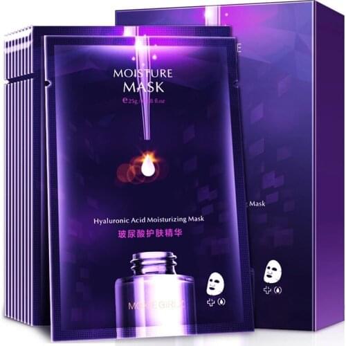 10 Pieces Box Package Hyaluronic Acid Facial Mask Moisturizing Hydration Water Shrinks Pores Brighten The Skin