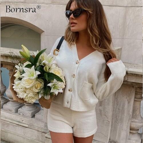 Bornsra 2021 Autumn Cross-border Womens Casual Solid Color Pocket V-neck Sweater Cardigan Knitted Shorts Two-piece Suit
