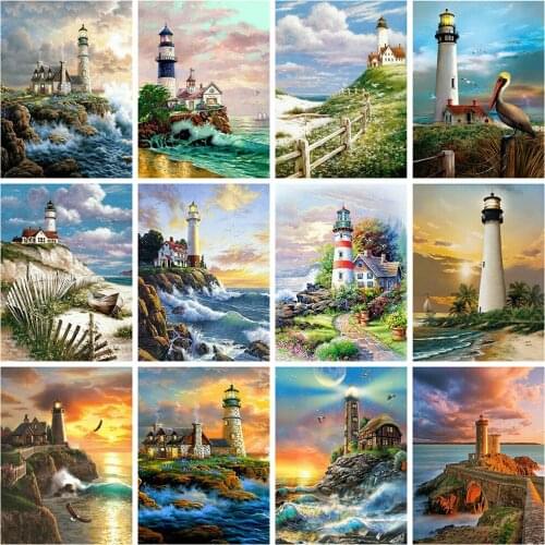 CraftArtGo 5D DIY Diamond Embroidery lighthouse Full Square Round Rhinestone Mosaic Painting Cross Stitch Flowers Diamond Kit