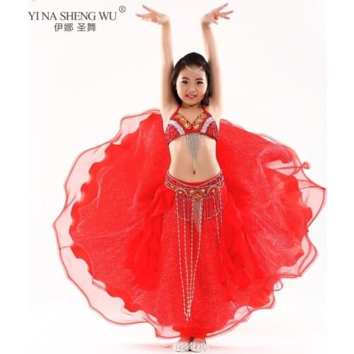 Kids Girls Belly Dance Costume 3pcs (Bra Belt Skirt) Children Performance Bellydance Oriental Set Danceing Stage Clothes For Kid
