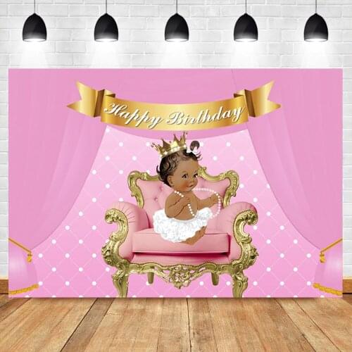 Photo Backdrop Pink Curtain Stage Golden Throne Princess Birthday Party Newborn Baby Shower Customized Photography Background