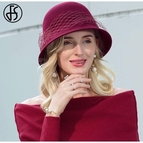 FS Autumn Winter Wool Bowler Hats For Women Black Vintage Wool Felt Fedoras Hat Veil Solid Ladies Floppy Cloche Wide Brim Caps
