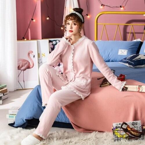 Korean Pajamas Girls Lovely Winter Warm Sleepwear Thicken Flannel V-Neck Lace Cardigan Pink Pijamas Women Home Night Wear