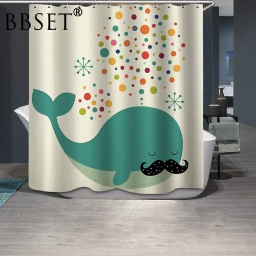 Cute Cartoon Shower Curtain Bearded Little Whale Pattern Waterproof Multi-size Cortina De Bano Kids Bathroom Decor with 12 Hooks