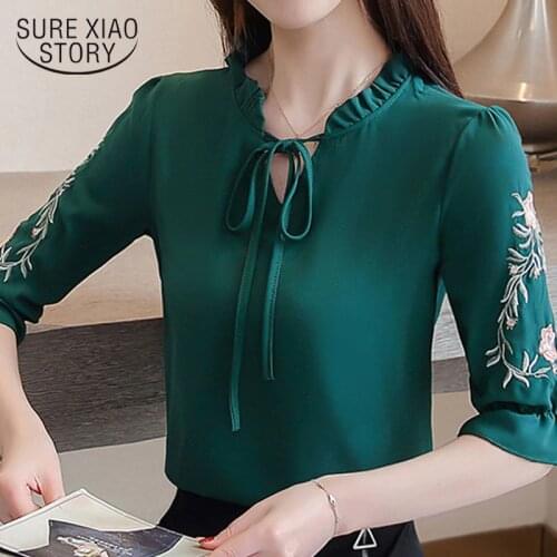 Fashion Women Blouses 2021 Ladies Tops V-neck Chiffon Women Blouse White Shirt Flower Embroidery Flare Sleeve Shirts 2721 50