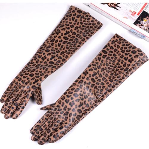 New Womens Ladies Real Leather Leopard Print Leather Punk long gloves Evening Gloves Customized