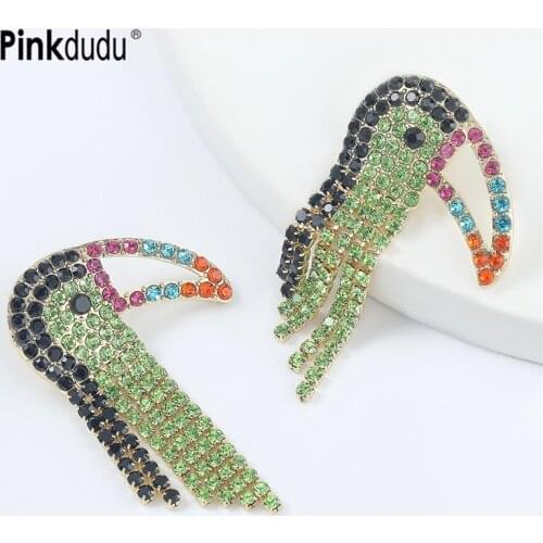 Pinkdudu Green Rhinestone Parrot Dangle Earrings Colorful Crystal Birds Statement Drop Earrings for Women Jewelry Gifts PD227