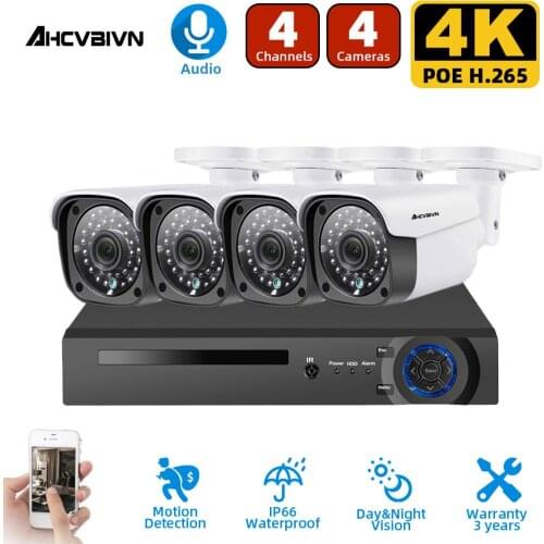 H.265 8CH 4K NVR 8MP CCTV System Audio Record Outdoor Waterproof P2P Security 4*8MP AI Camera Set Video Surveillance Kit ONVIF