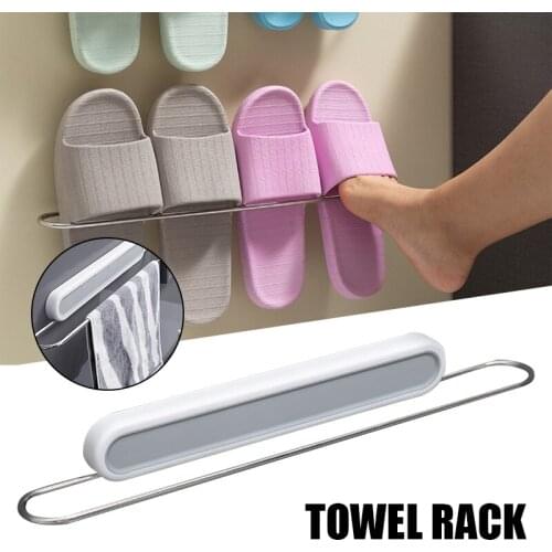 Punch-free Foldable Towel Bar Adhesive Hanging Slippers Organizer Storage Rack Door Mounted for Kitchen Shoes 46cm Long ALI88