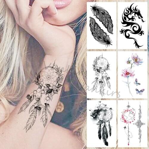 DreamCatcher Temporary Tattoos For Women Girls Realistic Feather Butterfly Peach Blossom Fake Tattoo Sticker Arm Tatoos Legs