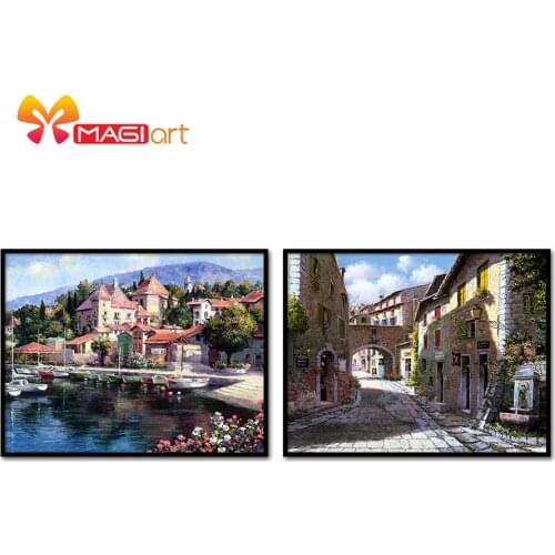 Cross stitch kits Embroidery needlework sets 11CT water soluble canvas patterns 14CT European style European town-NCMS025