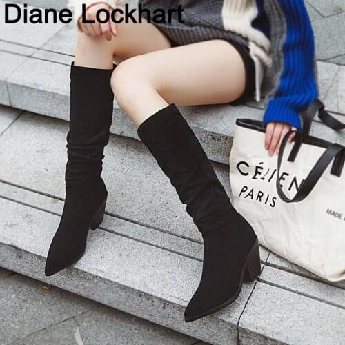 Autumn winter Woman knee high Boots Western Cowboy Boot Chunky Heels was thin shoe white Microfiber Leather botas mujer 31 38 46