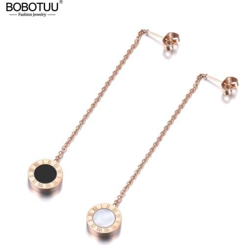 BOBOTUU New Stainless Steel Black/White Shell Circle Roman Numeral Wedding Earrings For Women Rose Gold Dangle Earring BE19055