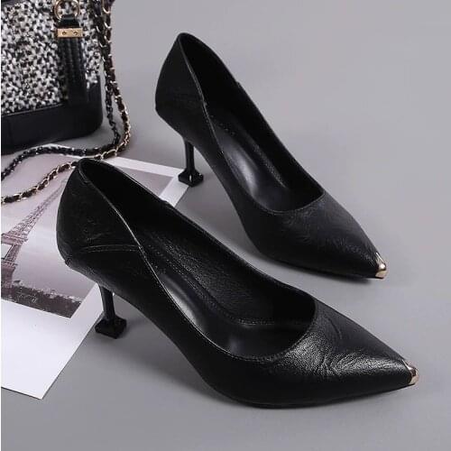 Soft Leather Two-wear High Heel Womens Shoes Autumn Pointed Toe Single Shoes Women Stiletto Iron Toe Black Mid-heel Work Shoes