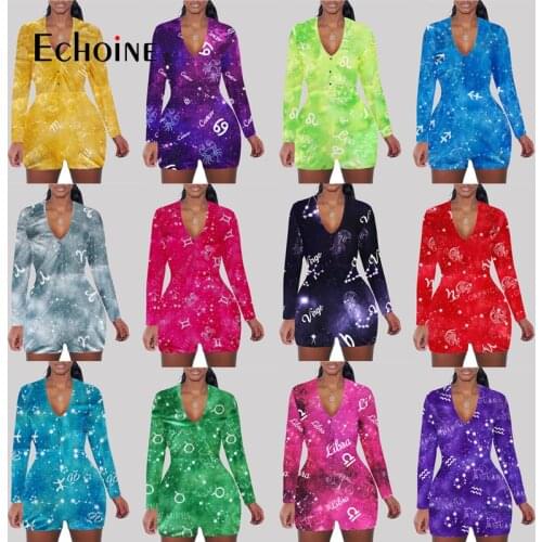 Echoine Women V Neck Sexy 12 zodiac Onesies Playsuit Pajama Romper Bodycon Lady Casual Jumpsuit Shorts Leotard Home Wear