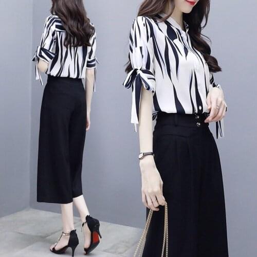 Summer ladies wide leg pants suit new style five-point sleeve chiffon shirt temperament thin wide leg 7 pants two sets