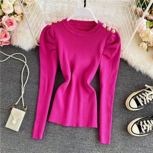 Amolapha Women Soild Buttons Puff Sleeve Puff Sleeve Long-sleeved Sweater Knitted Jumper Tops