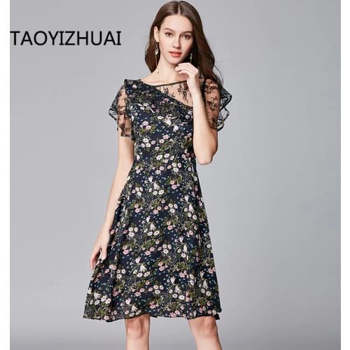 TAOYIZHUAI Summer New Arrival Plus Size Casual Style Floral Print Petal Sleeves Knee Length Lace Ladys Fashion dress 11636