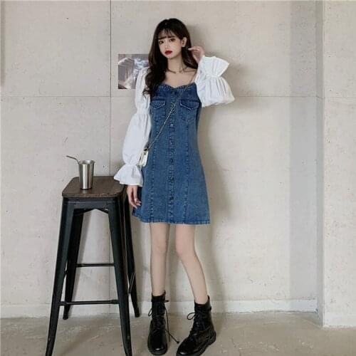 Women Denim Party Dress Spring Summer Contrasting Color Puff Sleeve Stitching Vintage Buckle Slim Bodycon Sexy Ladies Vestidos