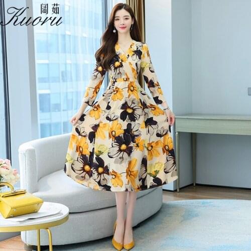 Autumn Size 4XL Women Midi Dress Yellow Chiffon Sukienka W Kwiaty Wrap Corset Dresses For Casual V Neck Long Sleeve Vestidos