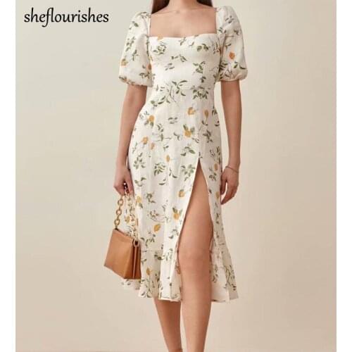 Square neck dress women korean print dresses summer short sleeve dress elegant midi dresses chiffon ruffle split dress beige