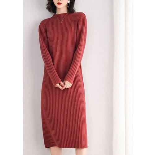 New High Quality Sweater Dress for Women Knee-length Solid Color O-Neck Pullover Thick Autumn and Winter Brief Red Pink Black