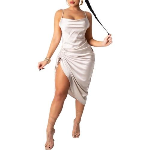 Women Sexy Sleeveless Drawstring Dress Fashion Solid Color Dress for Ladies Female