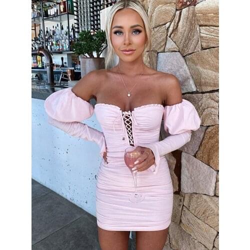 DGIRL Hollow Out Pink Party Dress Women Puff Sleeve Off the Shoulder Fashion Strap zipper Ruched Outfit Short Sexy Bodycon Dress