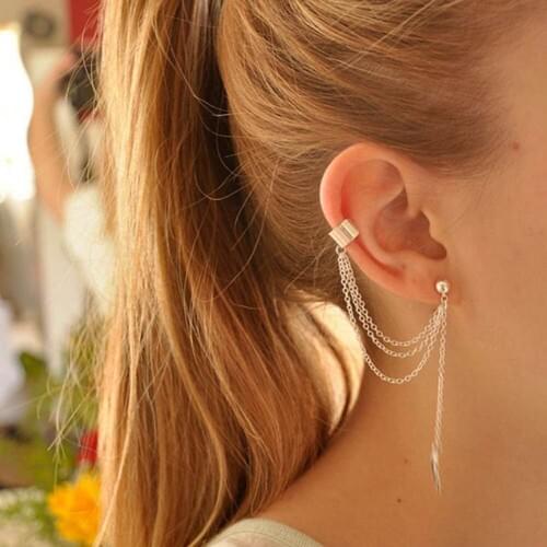 1pc New Punk Girl Leaf Chain Long Tassel Ear Cuff Clip Earrings For Women Jewelry