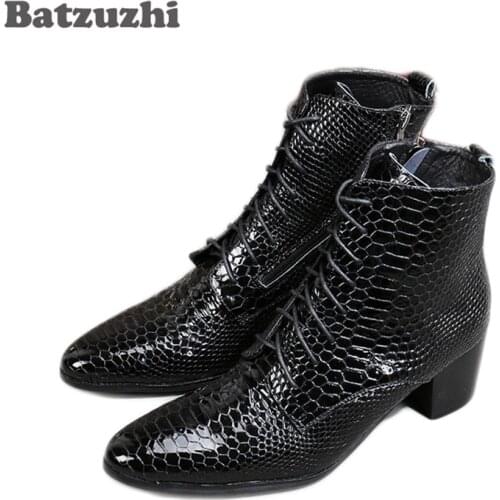 Batzuzhi 7.5CM High Heel Men Boots Black Genuine Leather Boots Men Ankle Zip Lace-up Chaussures Hommes Business Party Shoes, 46