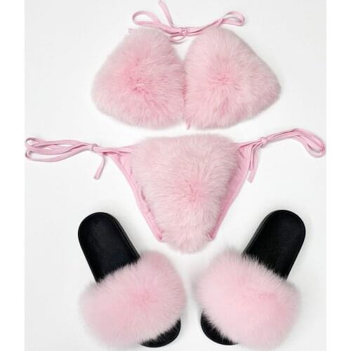 Bikinis 2021 Woman Real Fox Fur Slide Bikini Set Pink Sexy Luxury 2 Piece Set Women Beach Summer Swimsuit