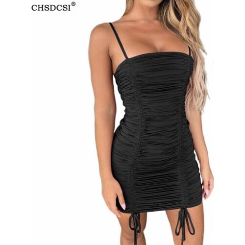 CHSDCSI Sexy Bodycon Pencil Dress Ruched Spaghetti Strap Summer Vestidos Short Black White Streetwear Sleeveless Mini Women