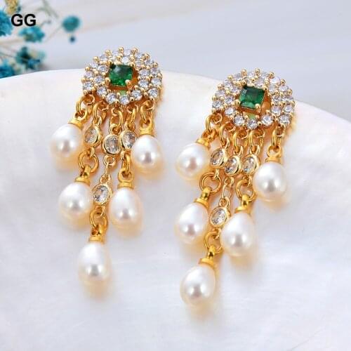 GuaiGuai Jewelry Freshwater White Rice Pearl Cz Pave Setting Dangle Stud Earrings