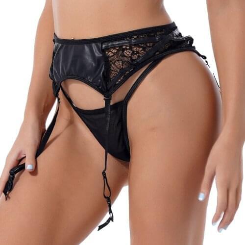 2PCS Women Underwear Set Faux Leather Lace Patchwork Adjustable Waistband Garters Belt Suspender with Low Waist G-string Panty