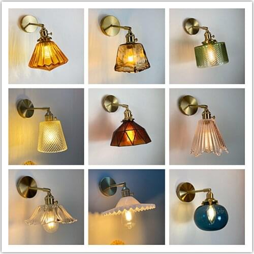 Nordic Japanese Style Brass Wall Lamp Bedside Reading Lamp Bathroom Mirror Creative Small Glass Wall Light for Indoor Home
