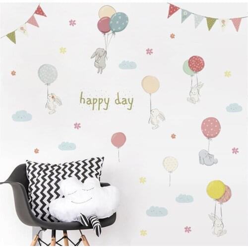 Cartoon rabbit balloon flower Flag wall sticker for kids rooms wall decal bedroom living room birthday party decor