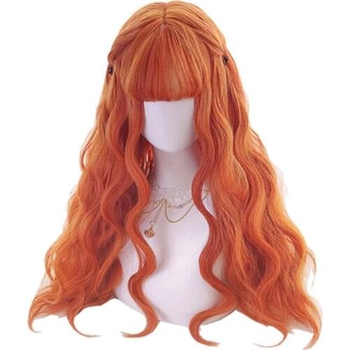 28inches 70cm Long Orange Lolita Wig Woman Hair Wavy Cosplay Wig Halloween Harajuku Wigs Heat Resistant Synthetic Hair + Wig Cap