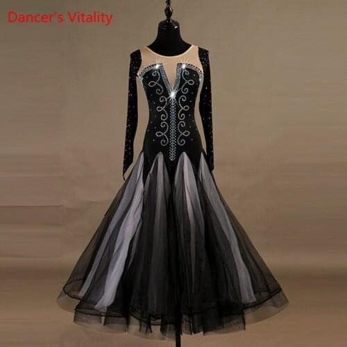Custom Made Ballroom Dancing Dress Mesh Long Sleeves Big Swing Dresses Woman Ballroom Modern Waltz Tango Dance Costumes