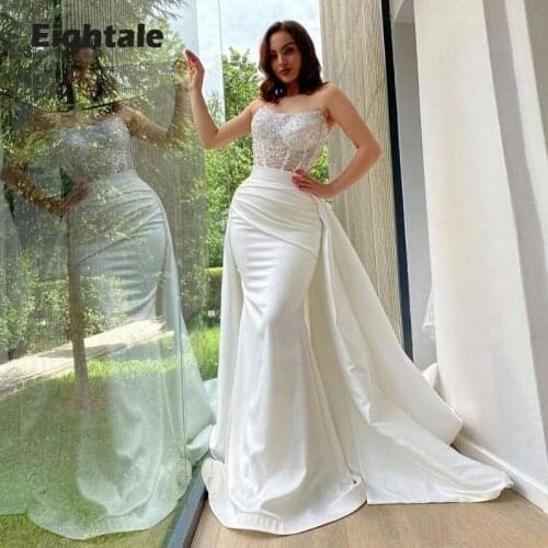 Eightale White Arabic Evening Dresses Scoop Neck Sequin Beaded Top Satin Mermaid Prom Gown with Deatachable Train Party Dress