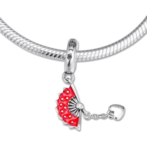 Fits for Pandora Charms Bracelets Spanish Fan Dangle Beads 100% 925 Sterling Silver Jewelry with Red Enamel Free Shipping